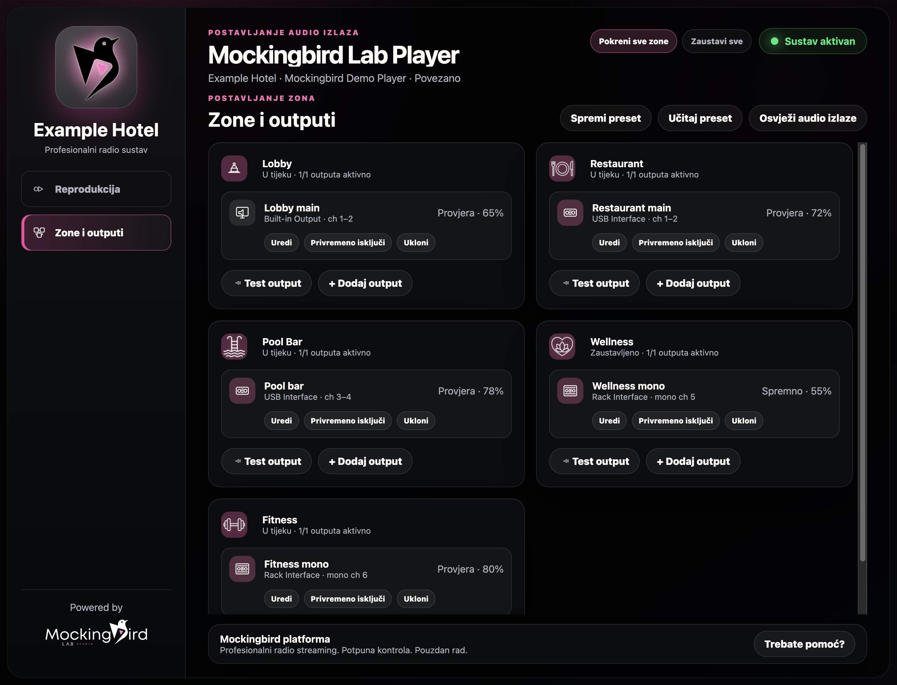 Mockingbird Professional Player interface showing example hotel zones mapped to stereo and mono audio outputs.